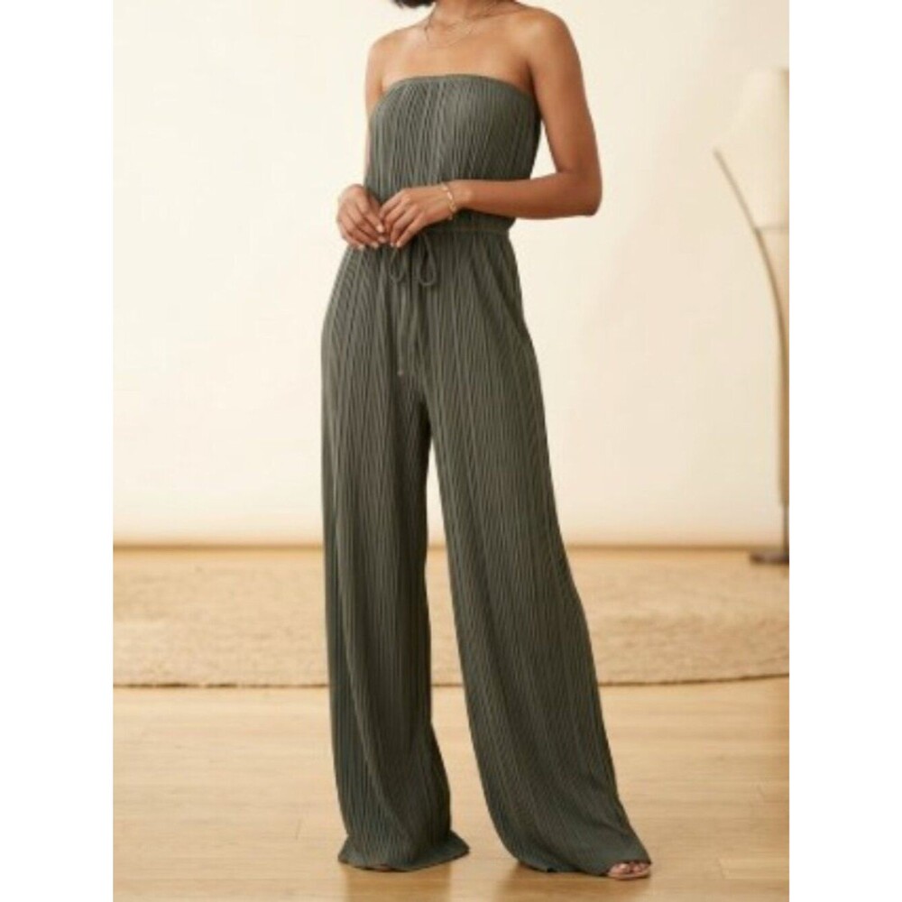 Rue21 Olive Strapless Flowy Jumpsuit Elastic Waist Large Party Festival Costume